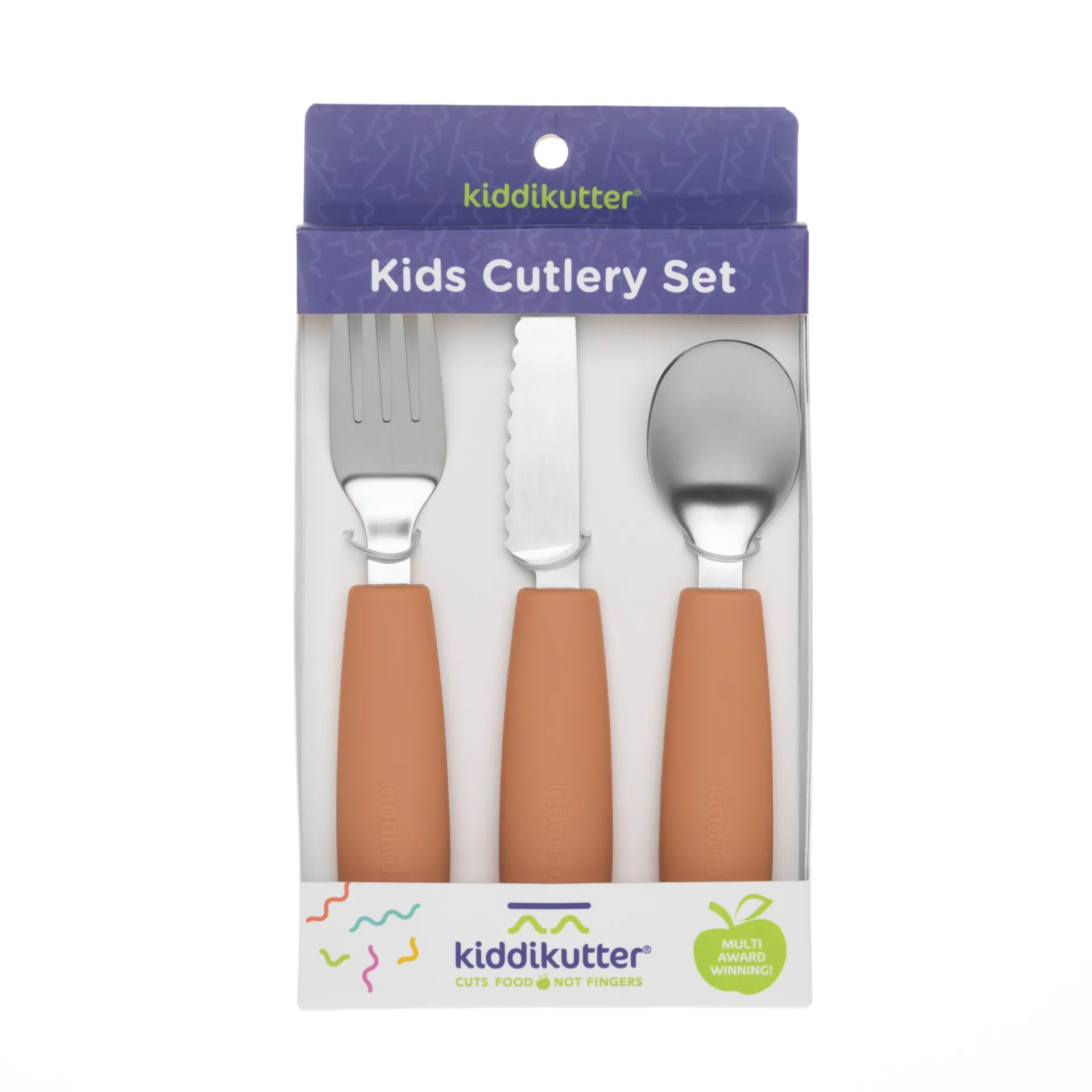 KiddiKutter kids cutlery set in terracotta, in packaging