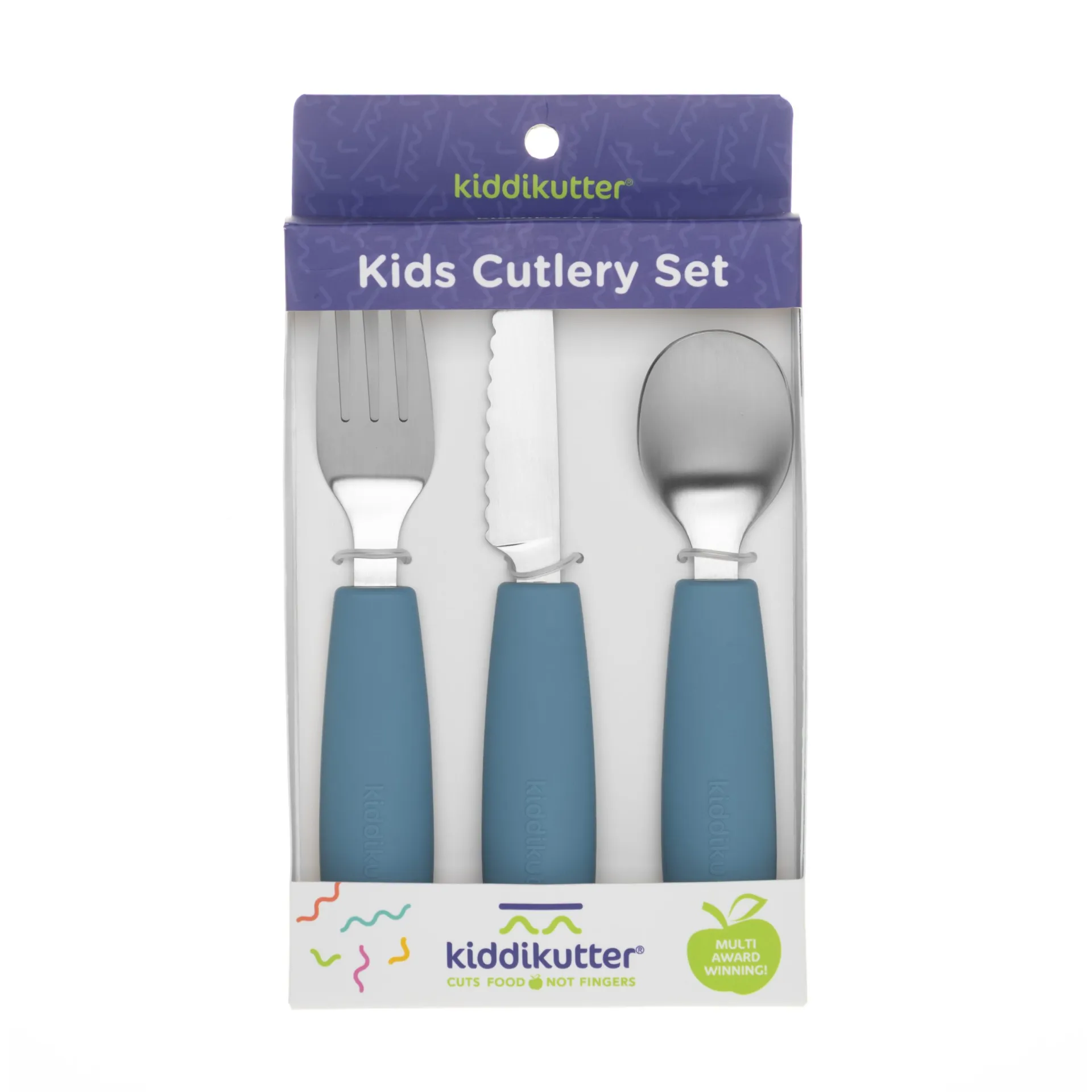 KiddiKutter kids cutlery set in blue, in packaging