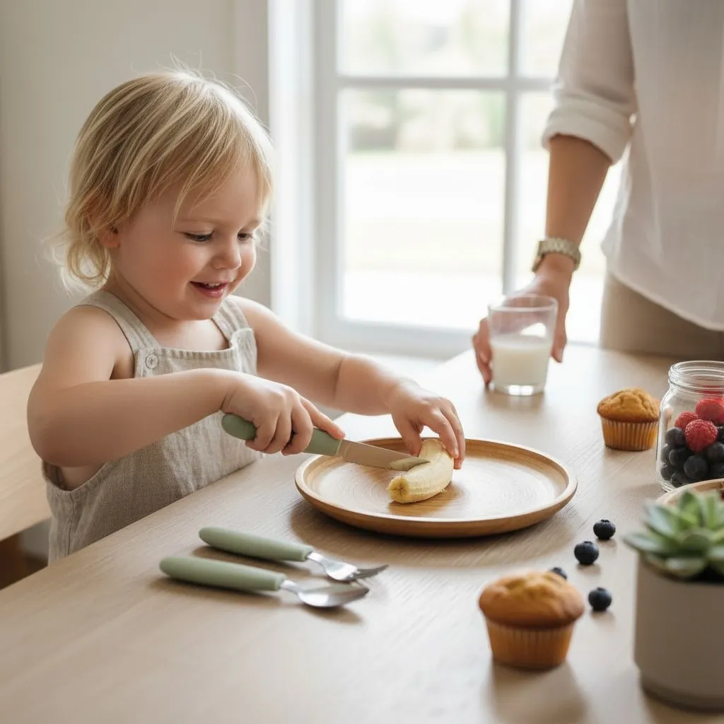 Young child eating independently with kids cutlery