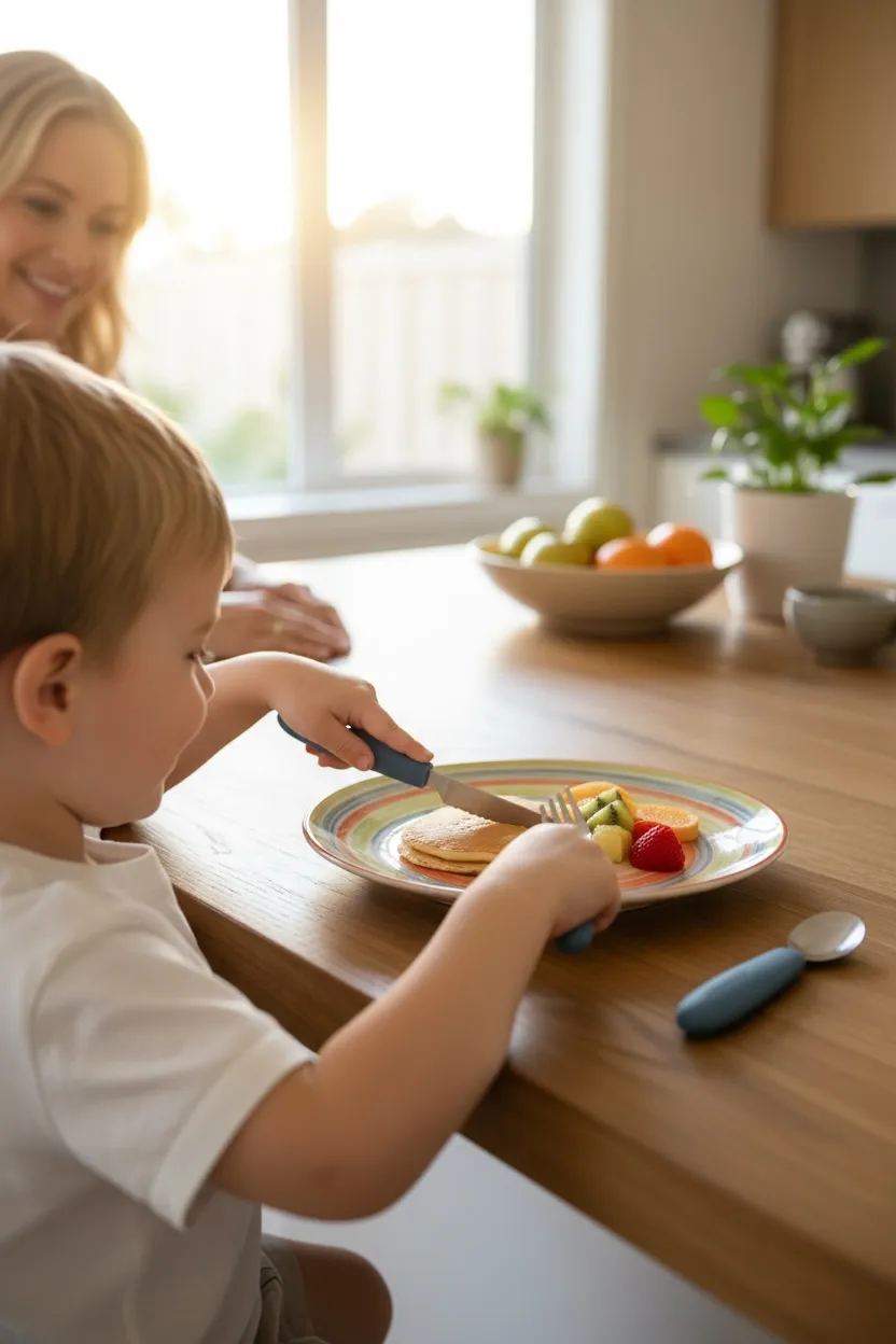 Toddler using a kids fork at the table