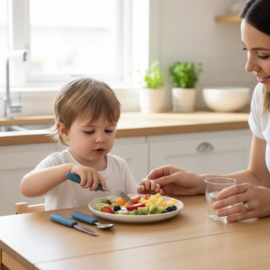 Child eating a meal with kids cutlery