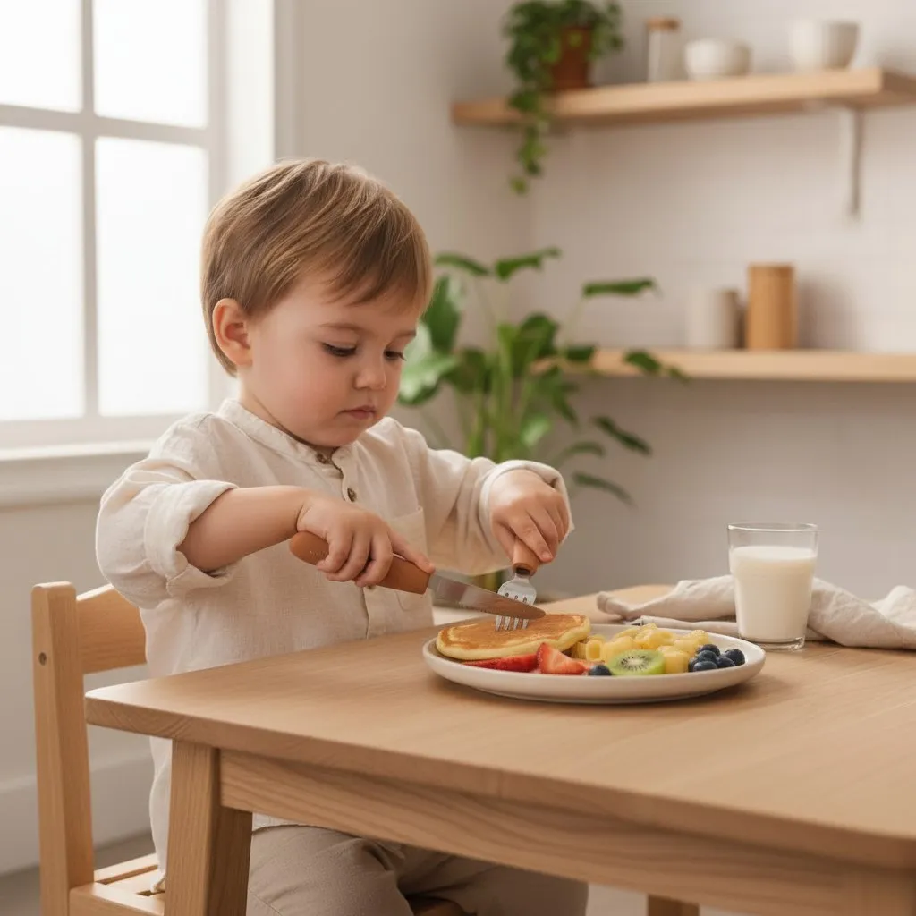 Toddler eating at the table with kids cutlery