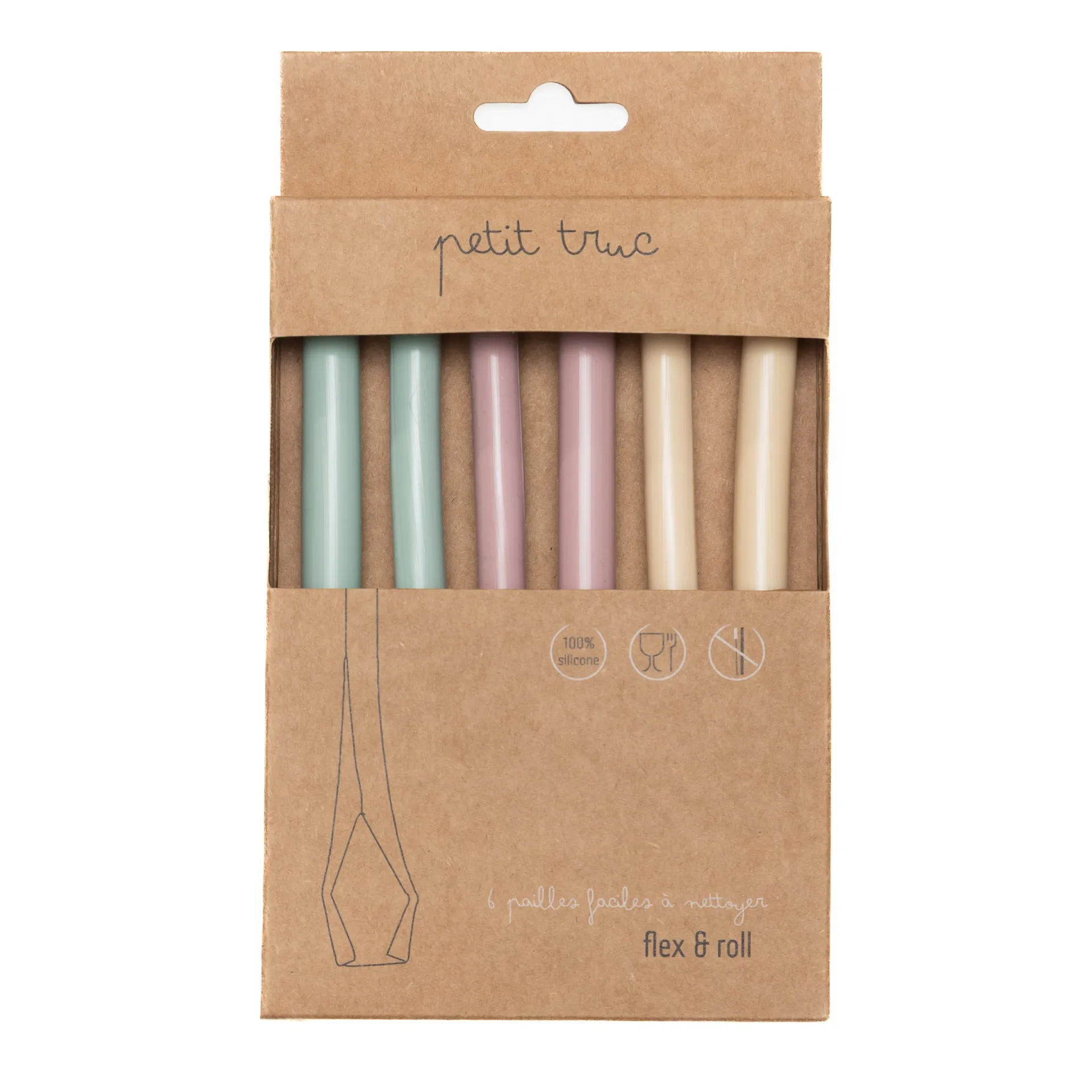 Set of 6 Flex & Roll silicone straws in packaging
