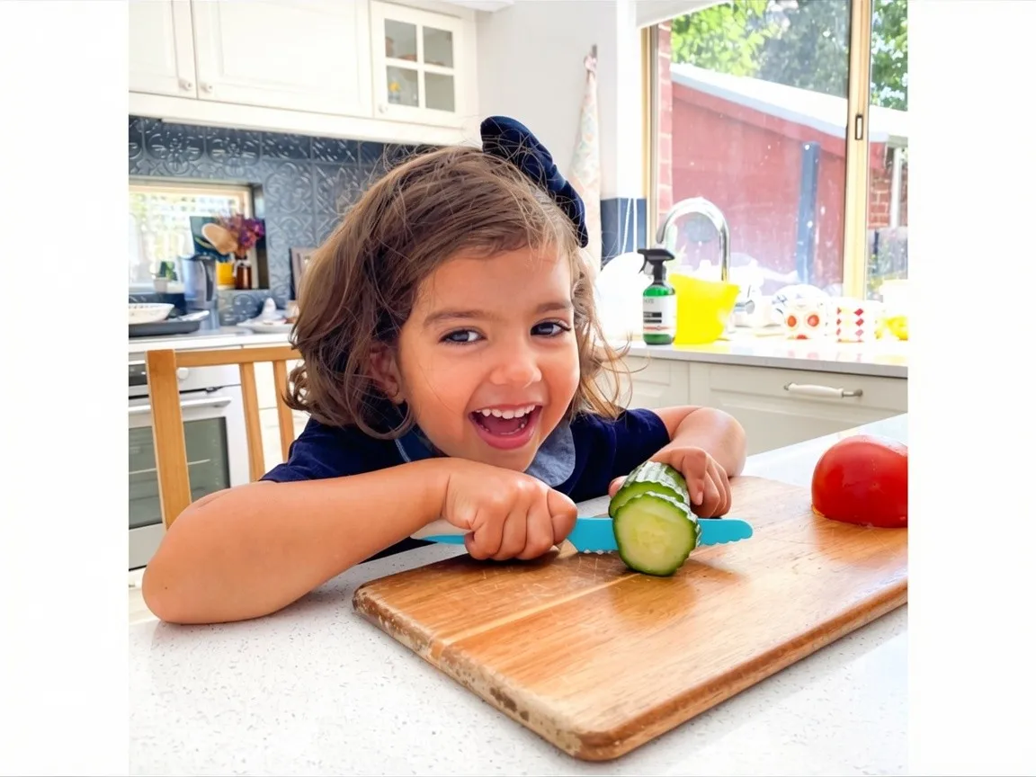 Child cutting fruit with a Frozen Blue KiddiKutter
