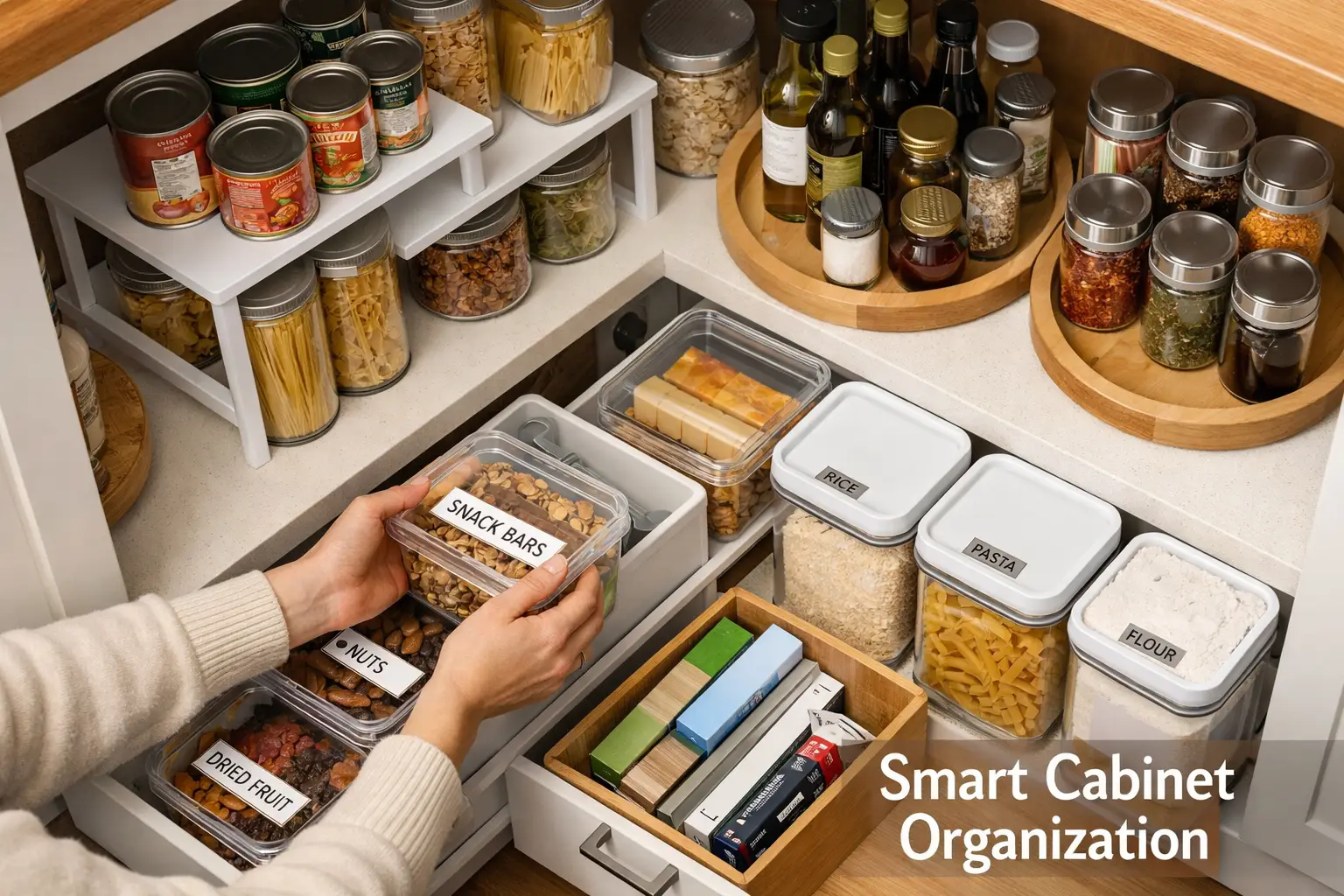 Detailed () editorial photo showing an overhead bird's-eye view of a small kitchen cabinet interior being organized, with