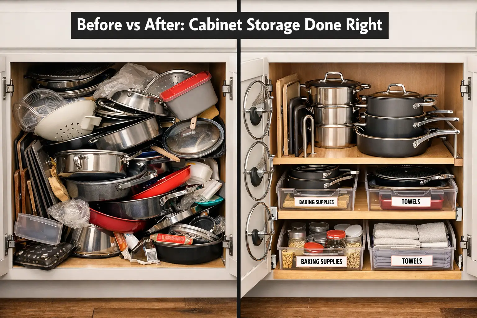 Detailed () split-panel comparison image showing LEFT side: a cramped, disorganized kitchen cabinet stuffed with mismatched
