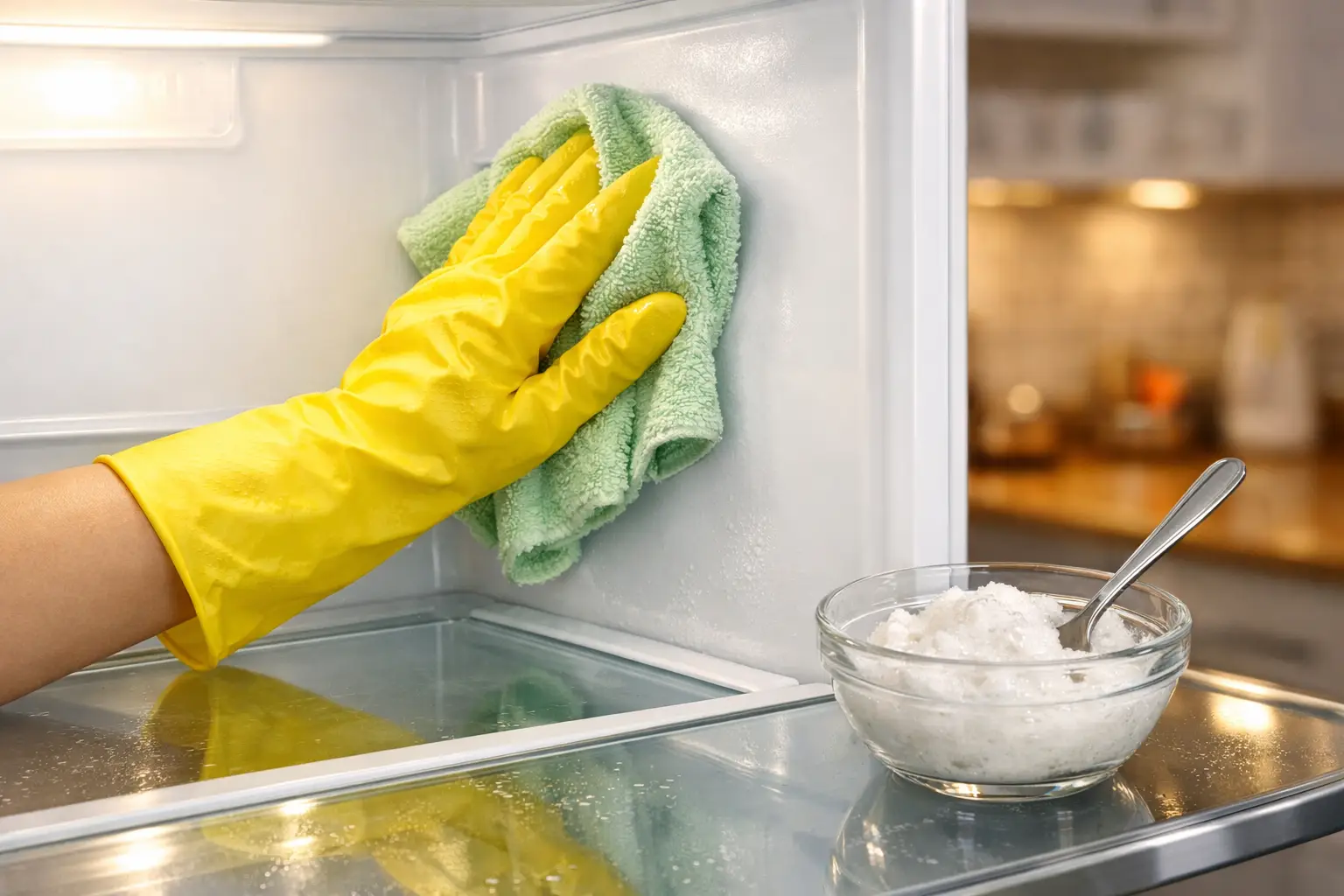 () close-up photo showing hands wearing yellow rubber gloves wiping down the inside wall of an open refrigerator with a damp