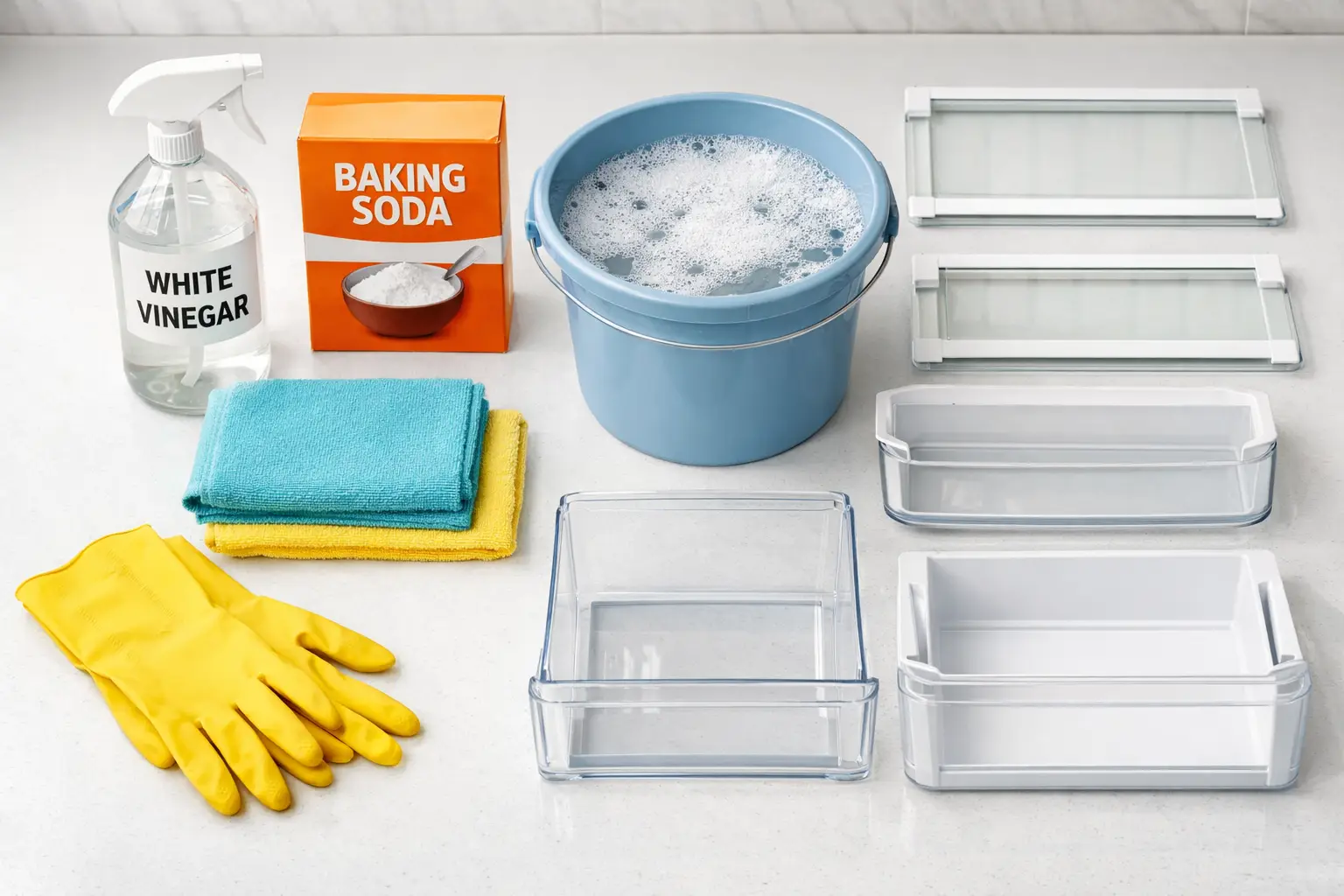 () editorial illustration showing a flat-lay overhead view of a kitchen counter with refrigerator cleaning supplies neatly