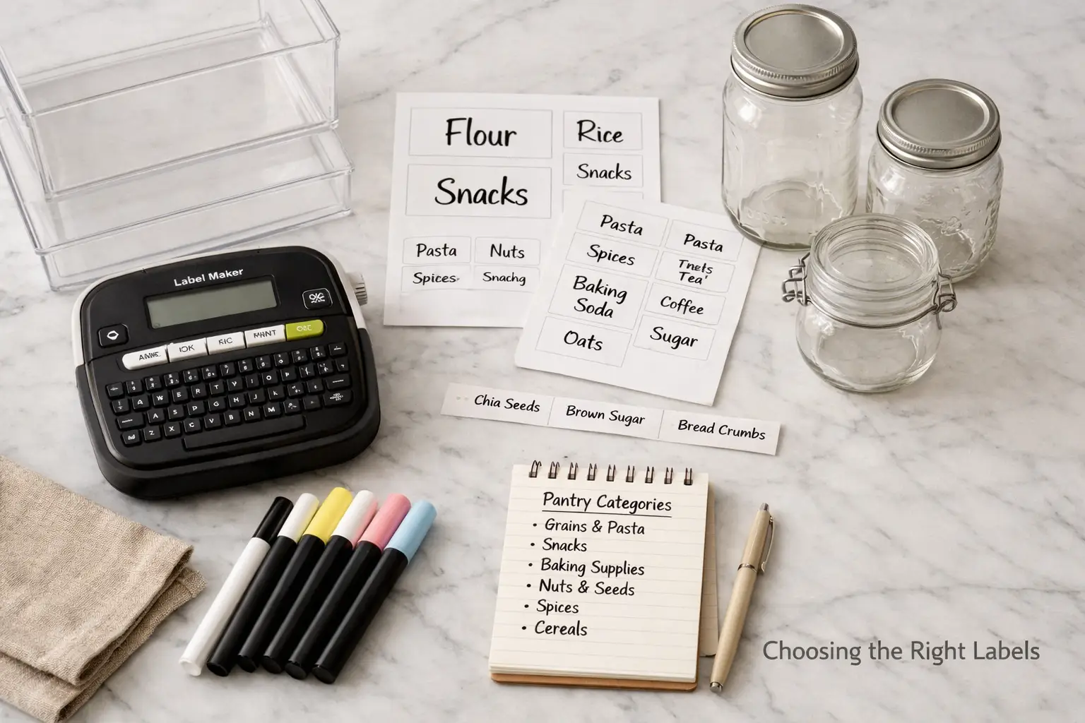 () editorial image showing a flat-lay overhead view of pantry labeling supplies arranged on a white marble countertop: a