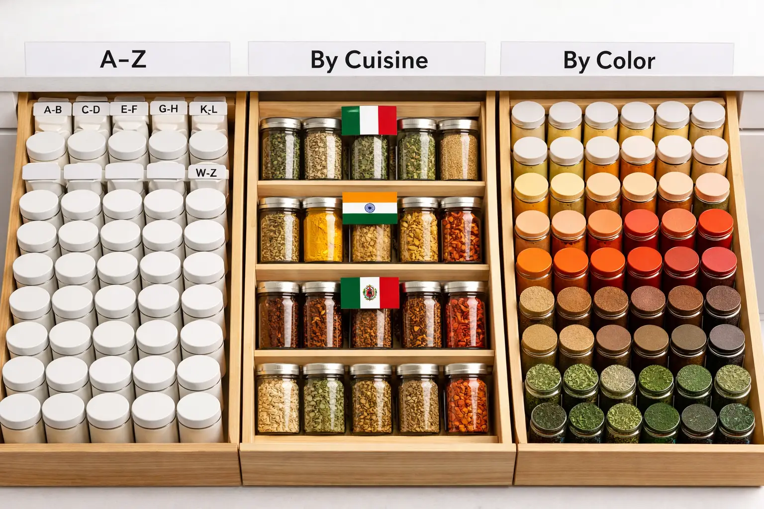() editorial image showing three side-by-side spice drawer sections viewed from above at a slight angle: left section