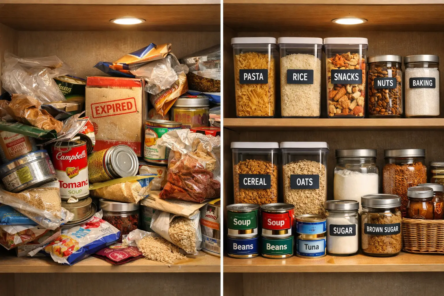 () editorial photo showing a cluttered pantry shelf before-and-after split composition: left side shows chaotic jumbled