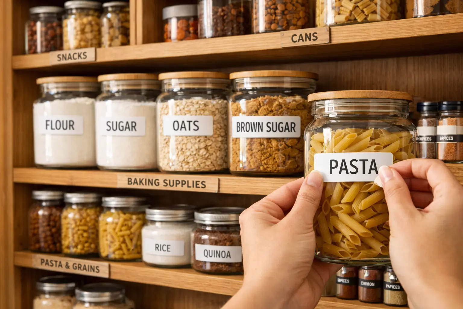 () editorial photo taken at eye level showing open wooden pantry shelves fully organized and labeled: clear glass containers