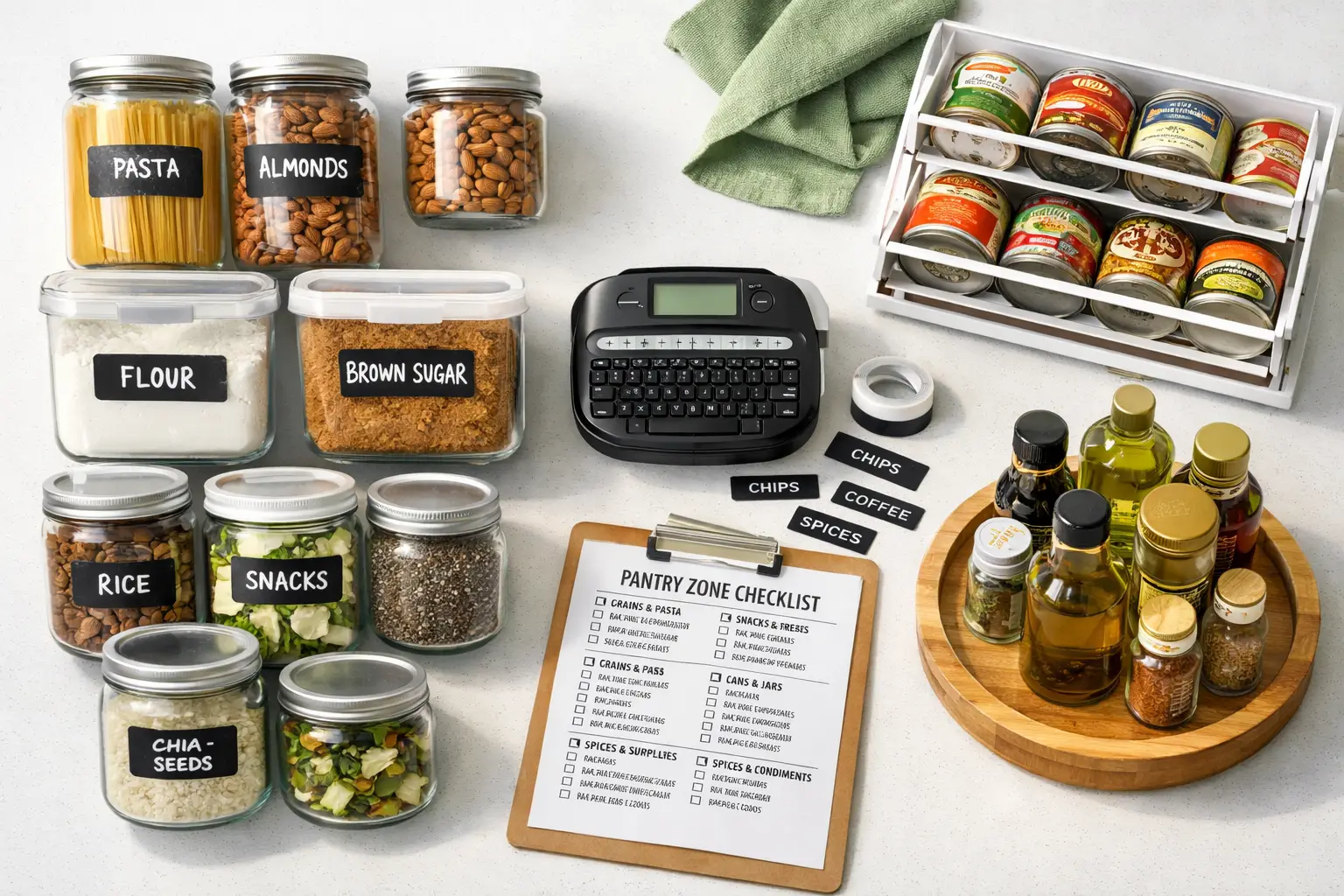 () flat-lay overhead shot on a white kitchen counter showing pantry organization tools and supplies: clear airtight glass