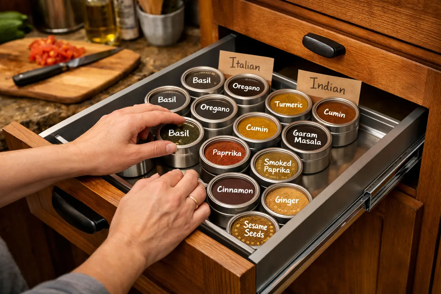 () image showing a practical kitchen workflow scene: a home cook's hands reaching confidently into a well-organized pull-out