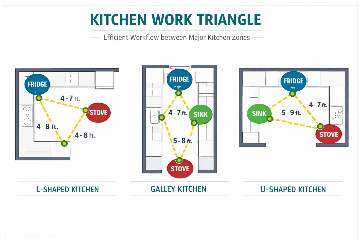 Detailed () overhead floor plan diagram illustration of a kitchen showing the classic work triangle concept, with three