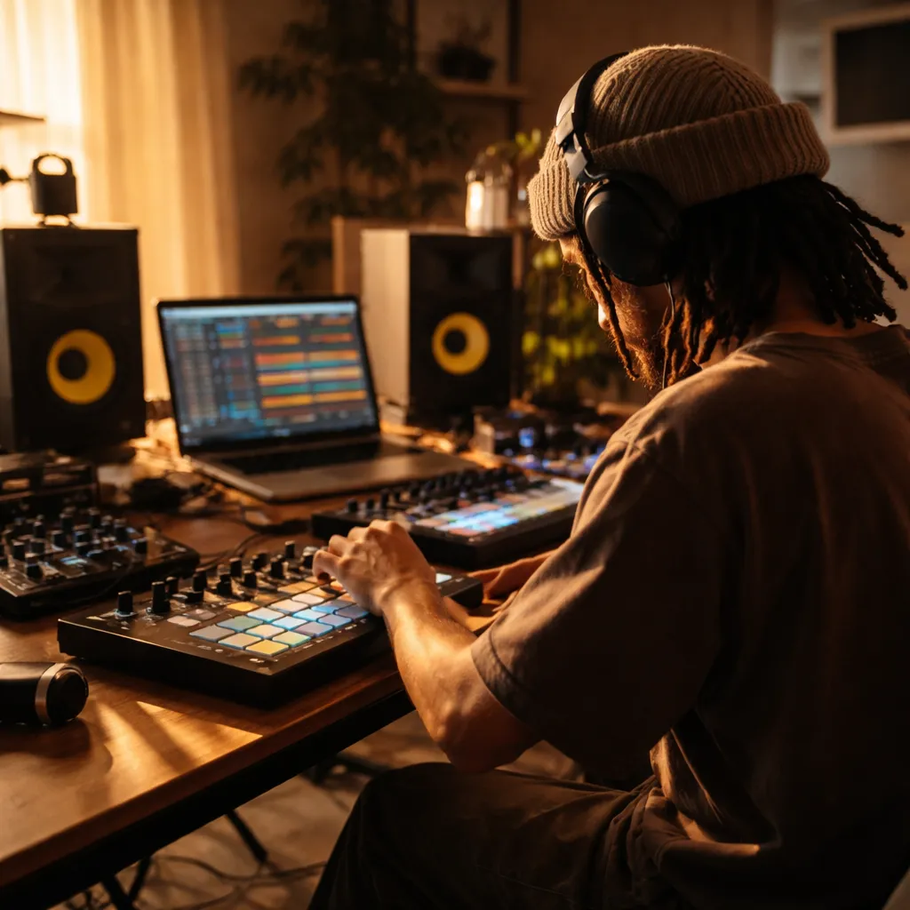 independent artist in studio producing music