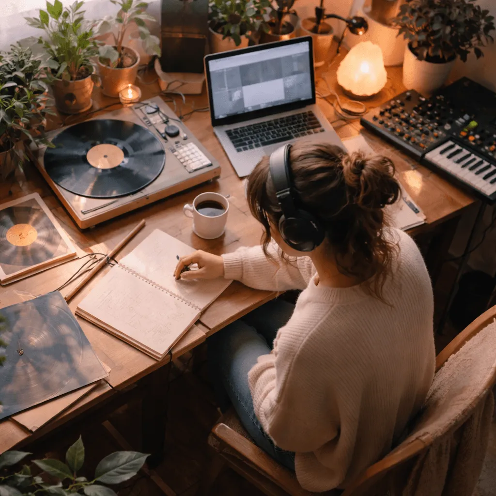 person focused on work with ambient music in the background