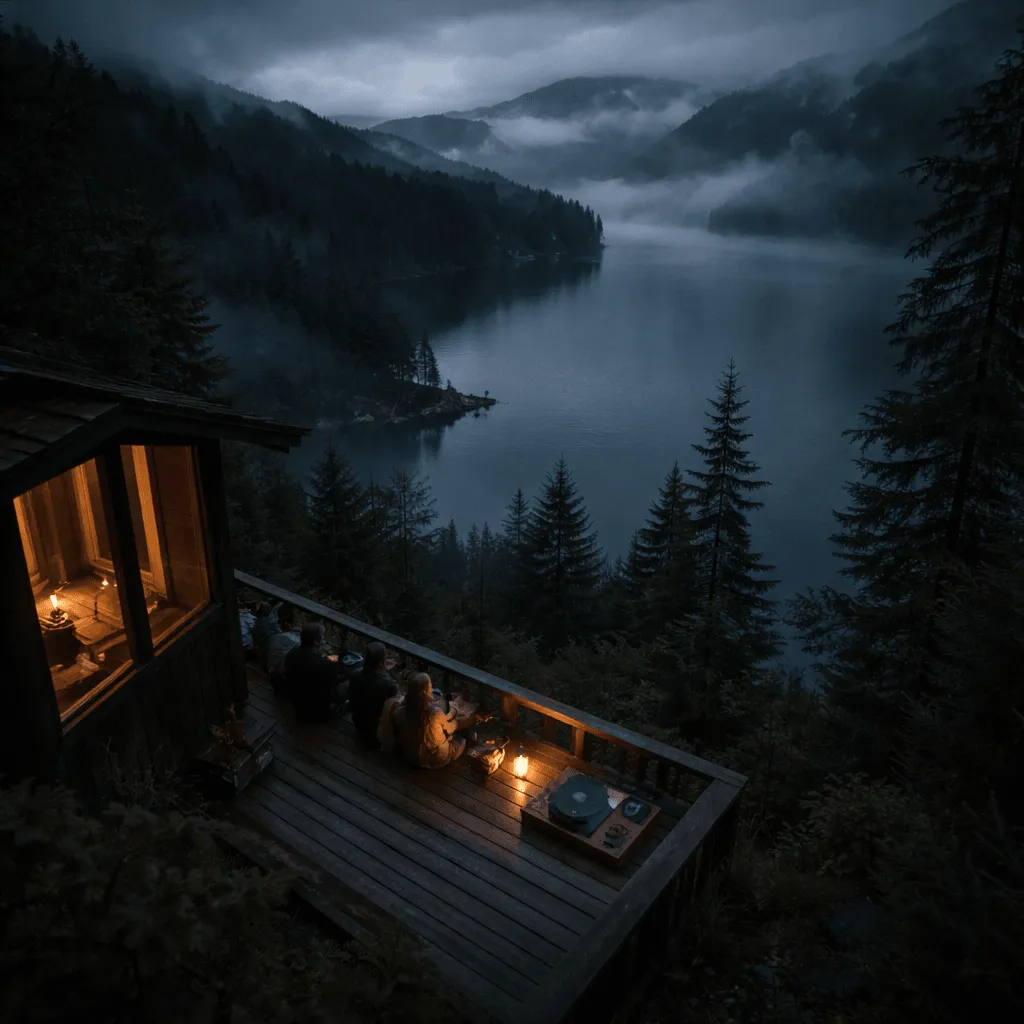 serene landscape with ambient music playing in the background