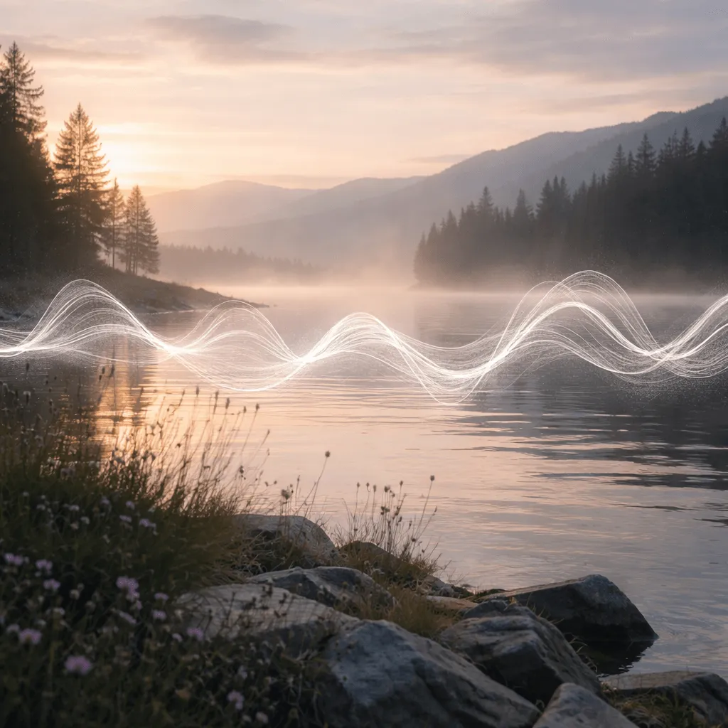 serene landscape with ambient sound waves overlay