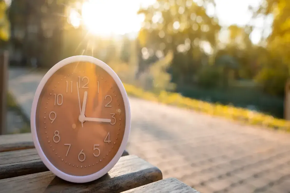 the-clock-stands-on-a-bench-in-the-park