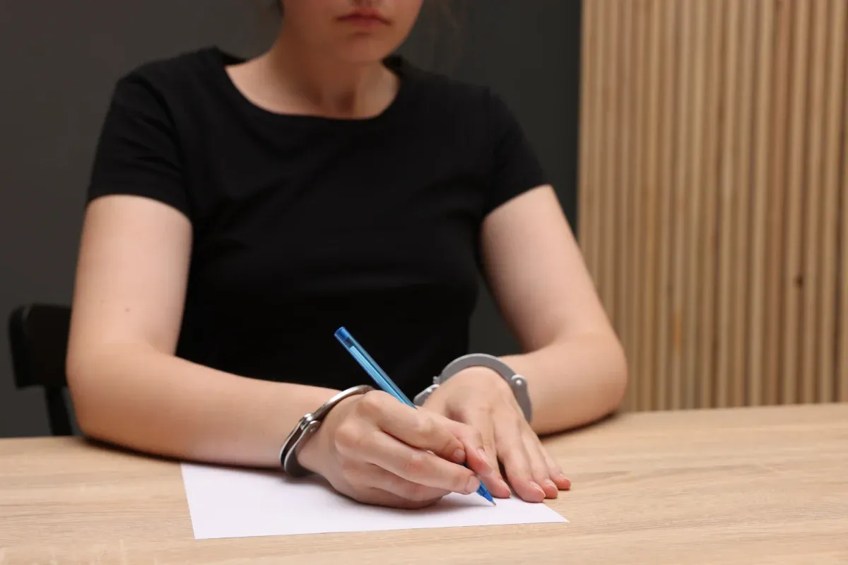 handcuffed-woman-writing-