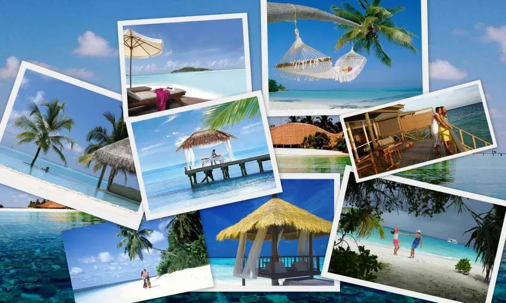 A collage of tropical beach scenes showcases the perfect all-inclusive holiday, with clear blue water, white sand, palm trees, hammocks, thatched-roof huts, piers, and people relaxing or strolling by the sea under sunny skies.