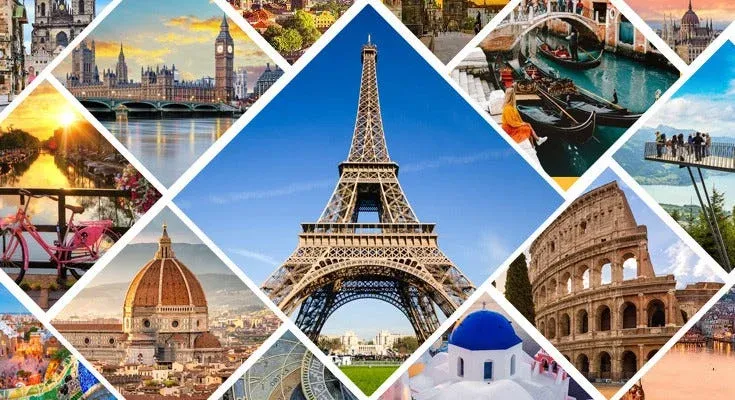 A collage of famous global landmarks, from the Eiffel Tower to Santorini, showcases top Holiday Destinations 2025 in a striking geometric pattern—perfect inspiration for your next scenic adventure.