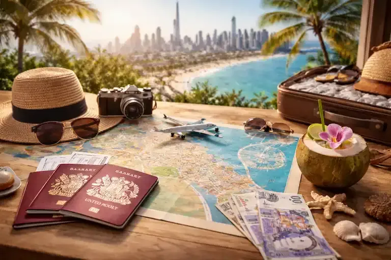 A travel-themed scene with British passports, a map, cash, sunglasses, a camera, a toy aeroplane, and a coconut drink on a table—perfect for planning Easter Holidays in Dubai—overlooking a tropical beach and a modern city skyline in the background.
