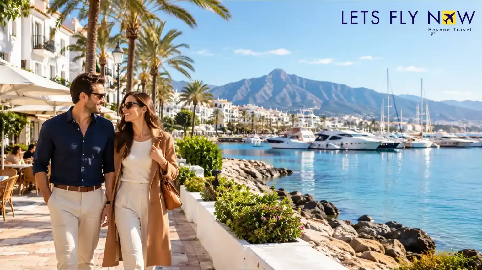 Couple walking beside a marina on Spain's Costa del Sol