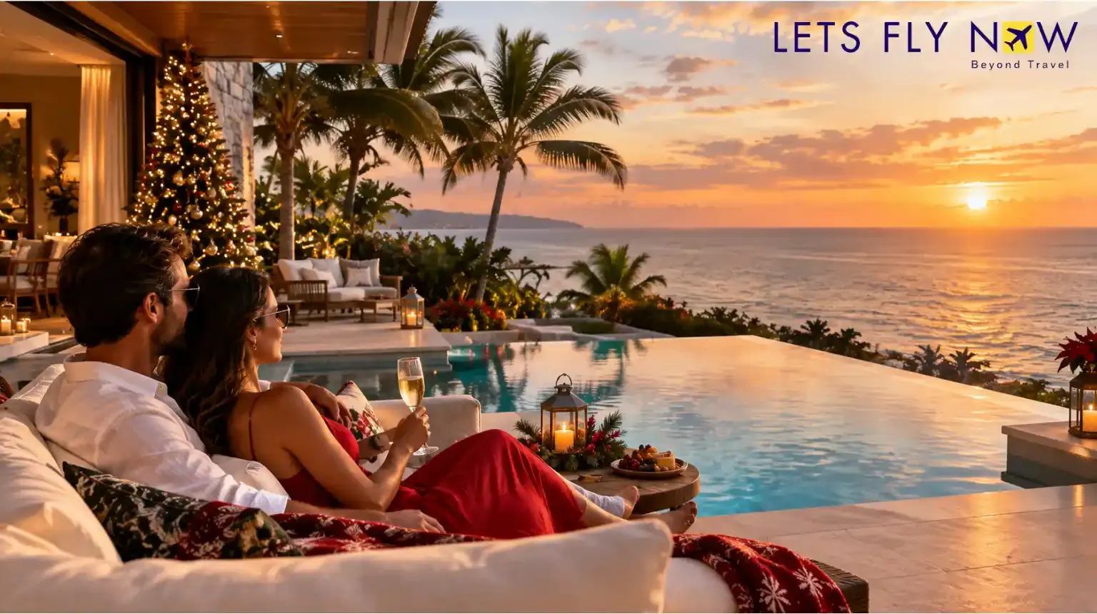 Couple enjoying a luxury Spanish resort holiday at sunset