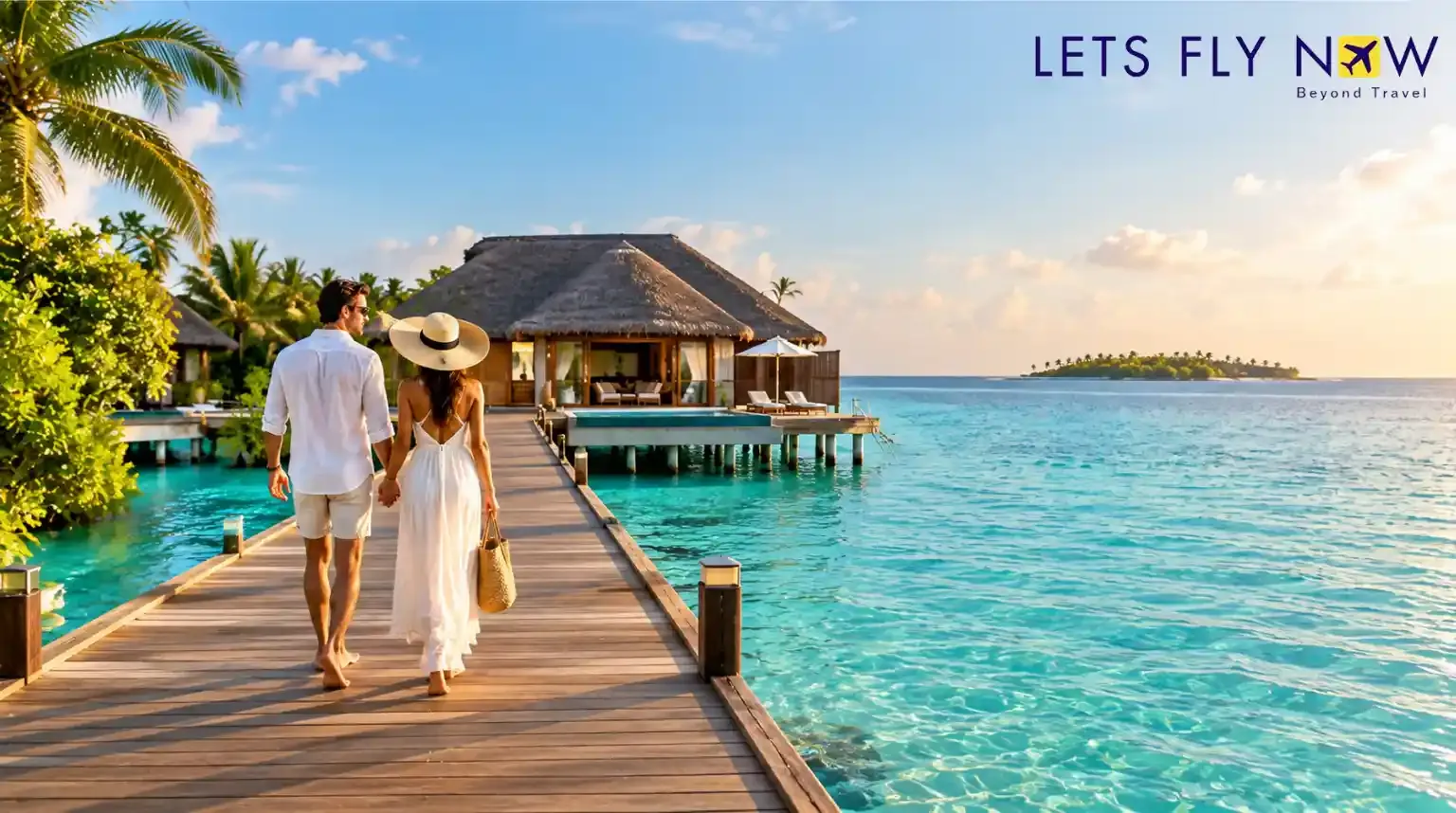 Couple walking on an overwater resort jetty in the Maldives