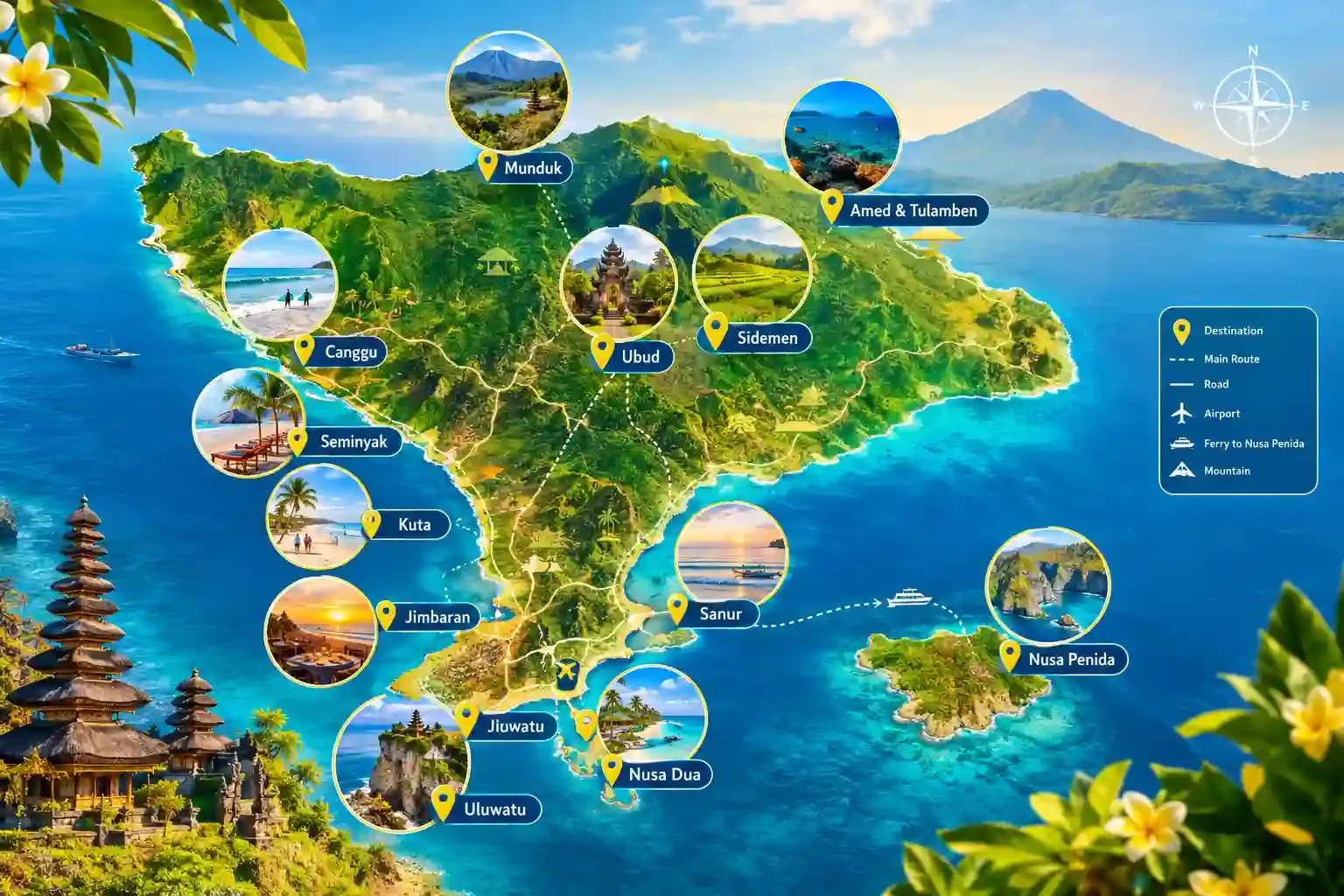 Bali travel map showing the best areas to visit