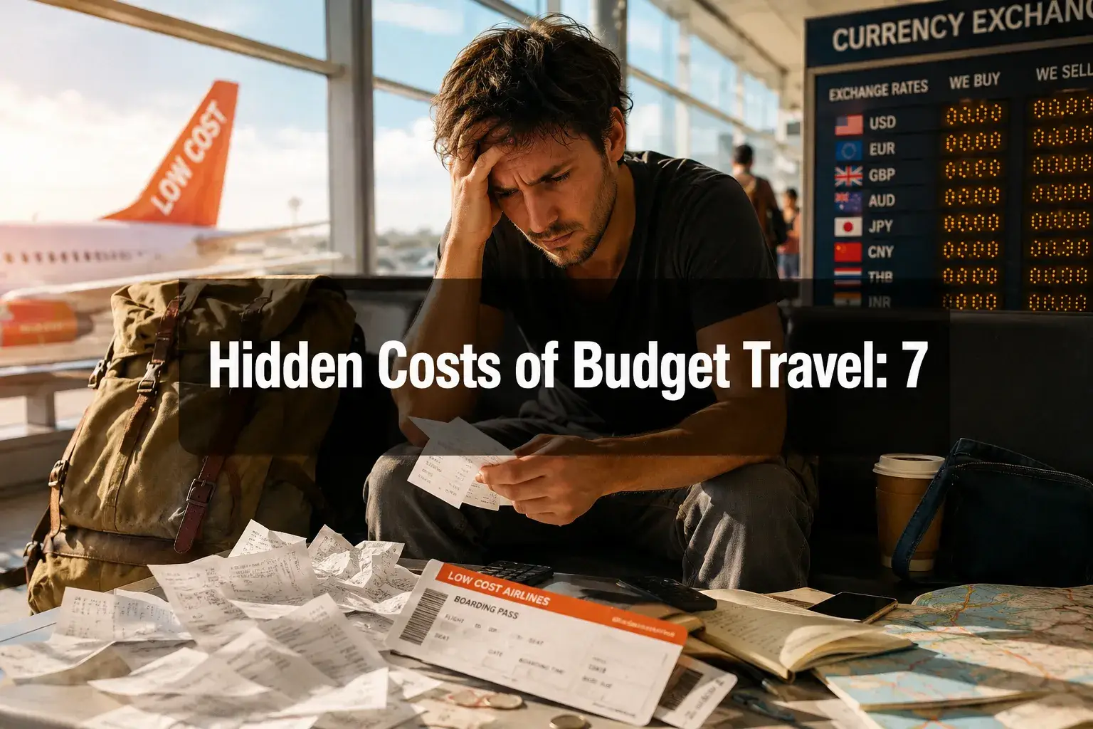 Professional () hero image with (≤42 chars): 'Hidden Costs of Budget Travel: 7', white on a semi-transparent dark panel,