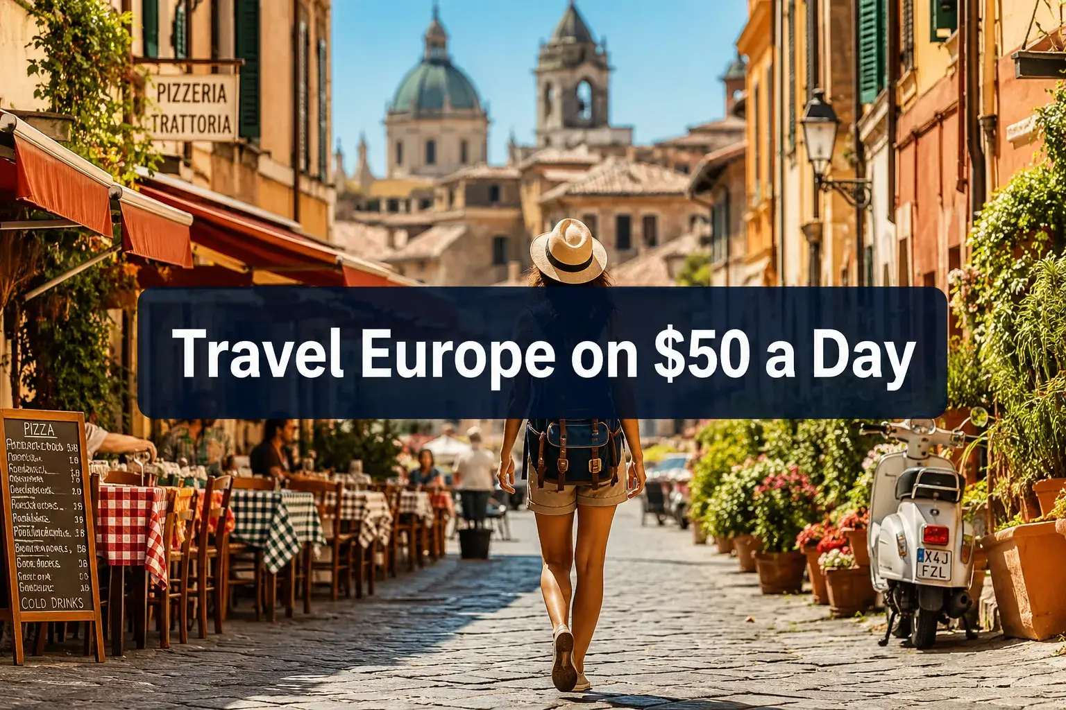 Professional () hero image with (≤42 chars): 'Travel Europe on $50 a Day', crisp white on a deep navy semi-transparent