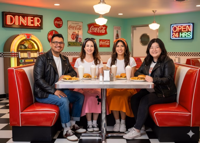Irvine AI Photo Booth Service: A Smarter Event Planning Guide - Lucky Frog Photo Marketing 1950s diner 2 1950s diner AI classic seated pose 1950s diner 2