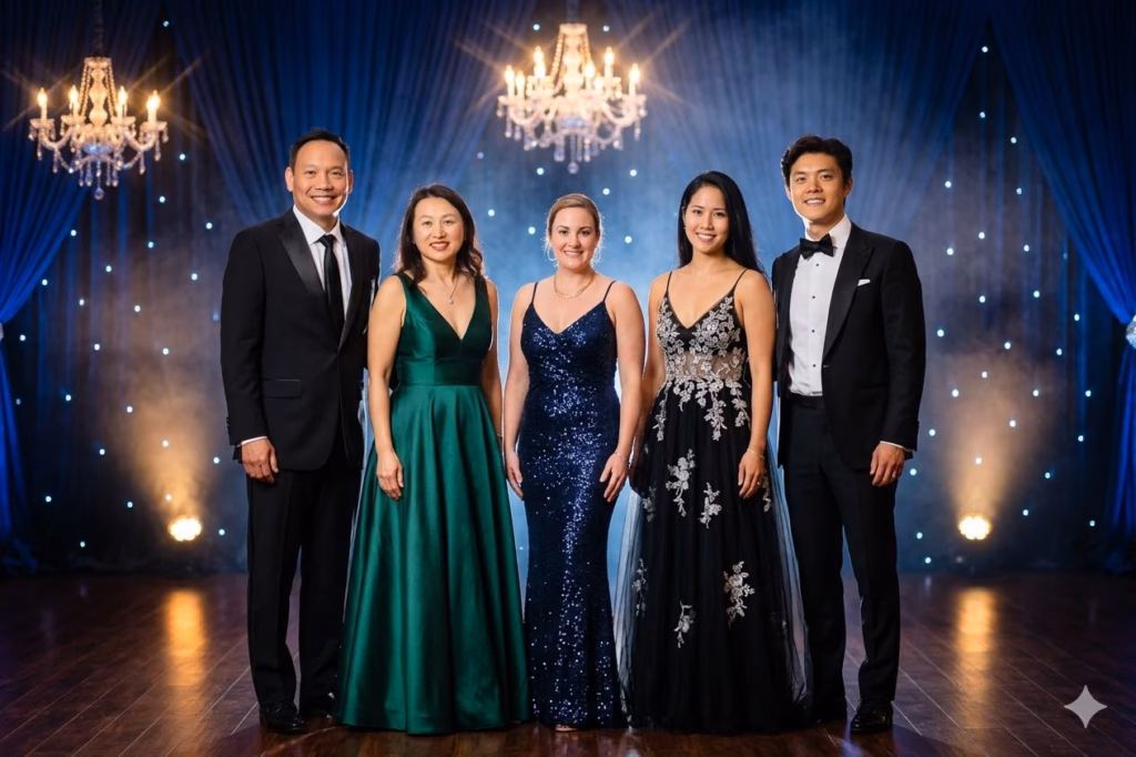 prom portrait background is Blue Stage with Sparkling Lights and Smoky Atmospher