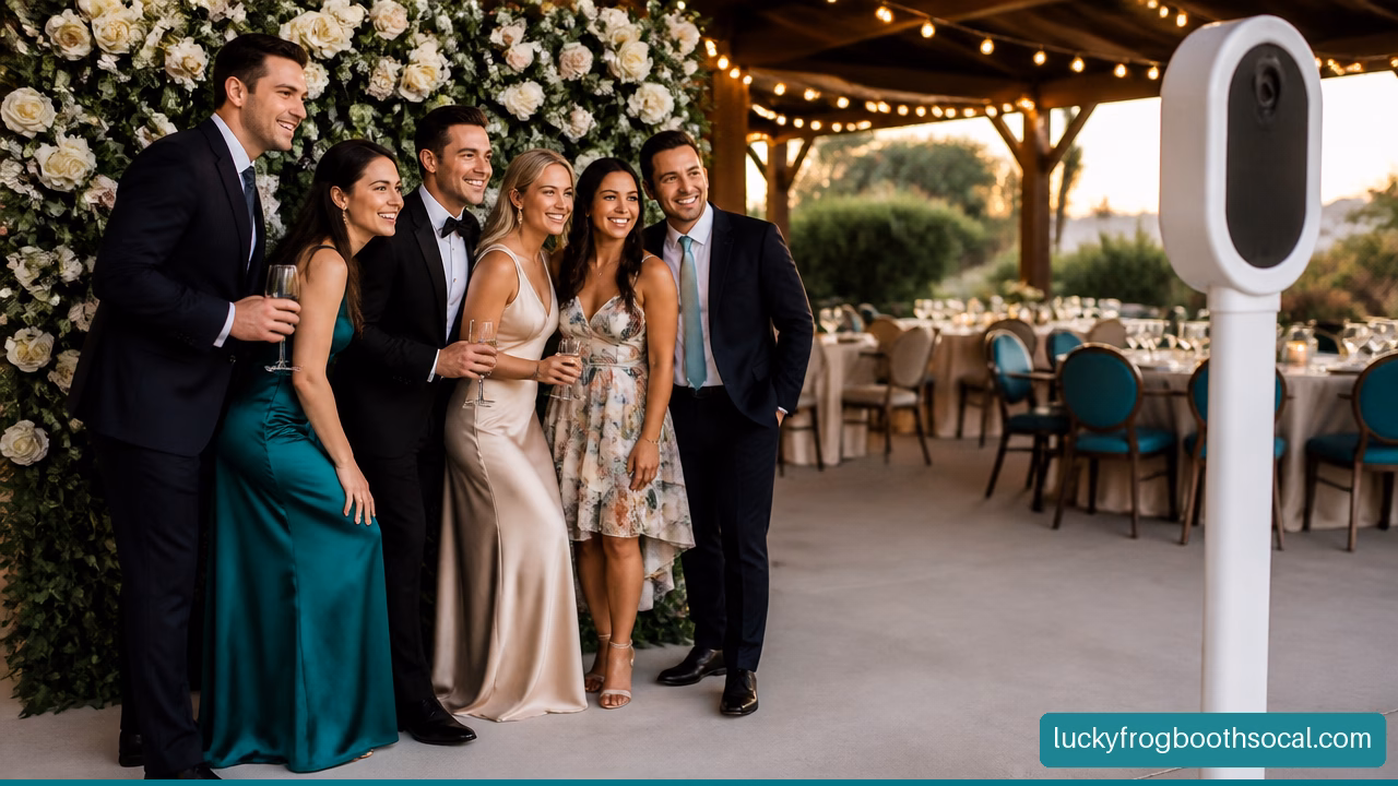 How To Rent A Photo Booth For A Wedding - Lucky Frog Photo Marketing wedding guests posing together at an elegant open en us featured image 490874 How To Rent A Photo Booth For A Wedding How To Rent A Photo Booth For A Wedding