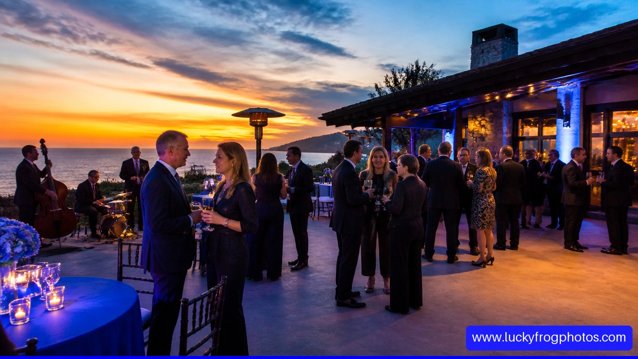 From Cocktails to Dancing: Unique Corporate Gala Entertainment Ideas in Laguna Beach - Lucky Frog Photo Marketing Corporate gala guests networking at an elegant oceanfront Laguna Beach event with live music.