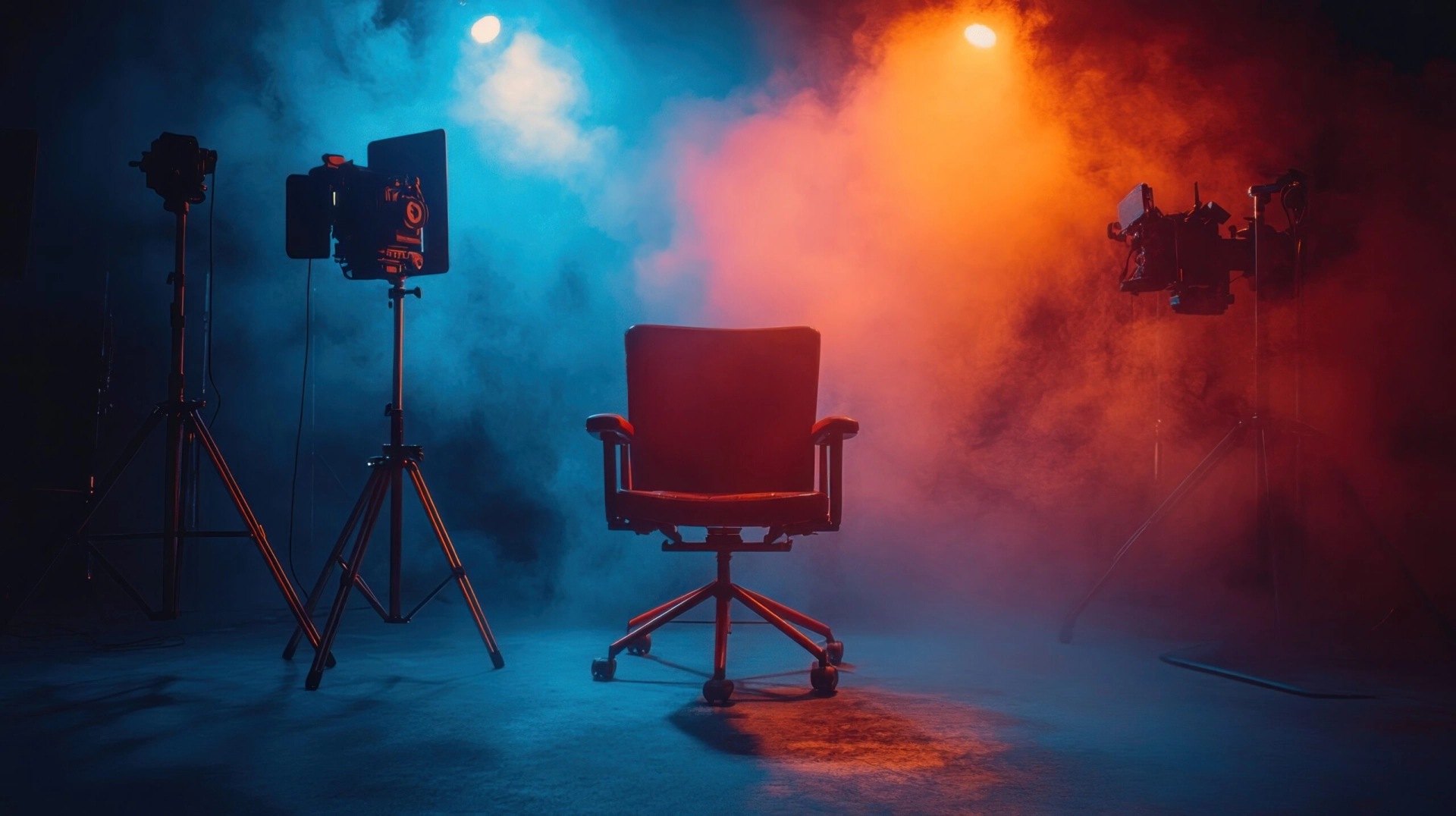 Video Confessional Booth Rental: A Practical Planning Guide - Lucky Frog Photo Marketing Studio chair, filming setup, vibrant lighting, smoke background