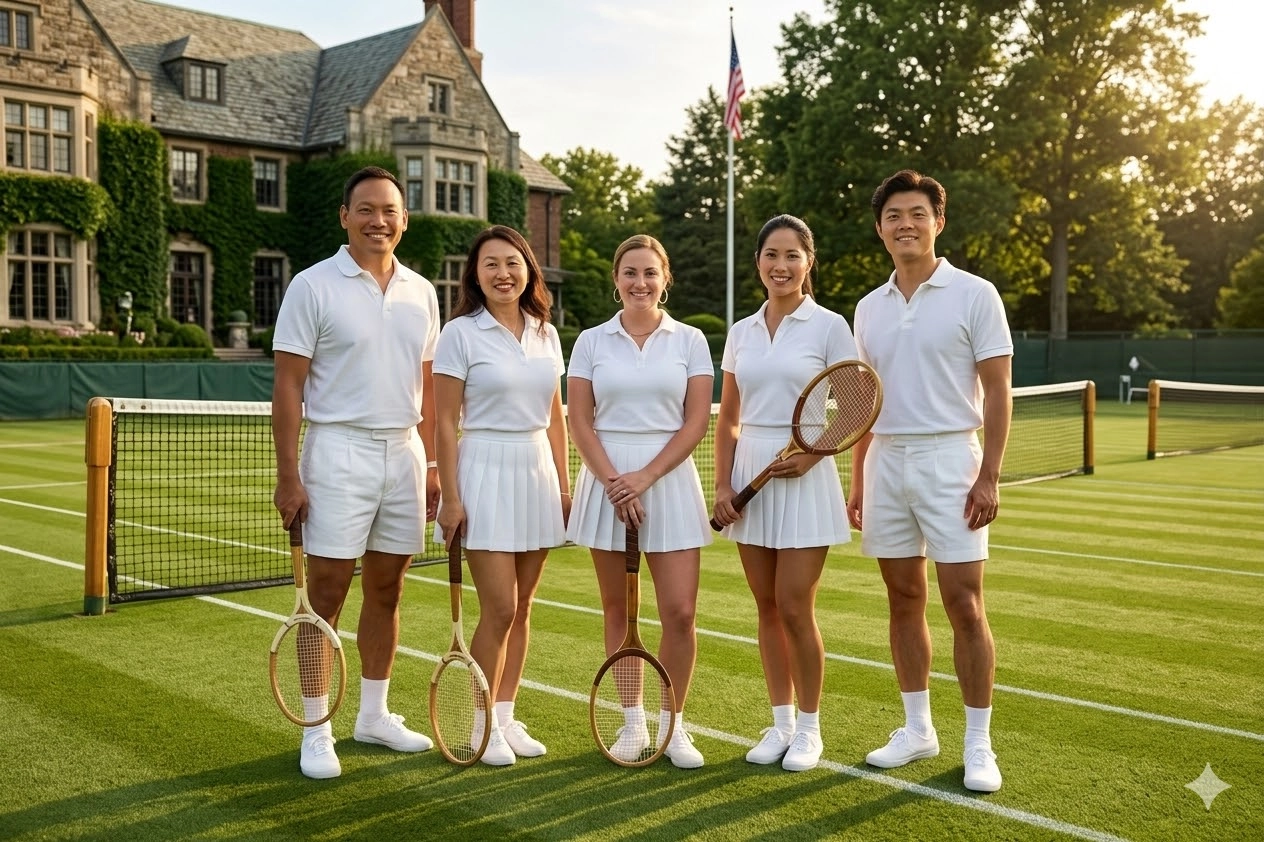 Tennis players in vintage outfits on a lawn in front of a mansion.jpg