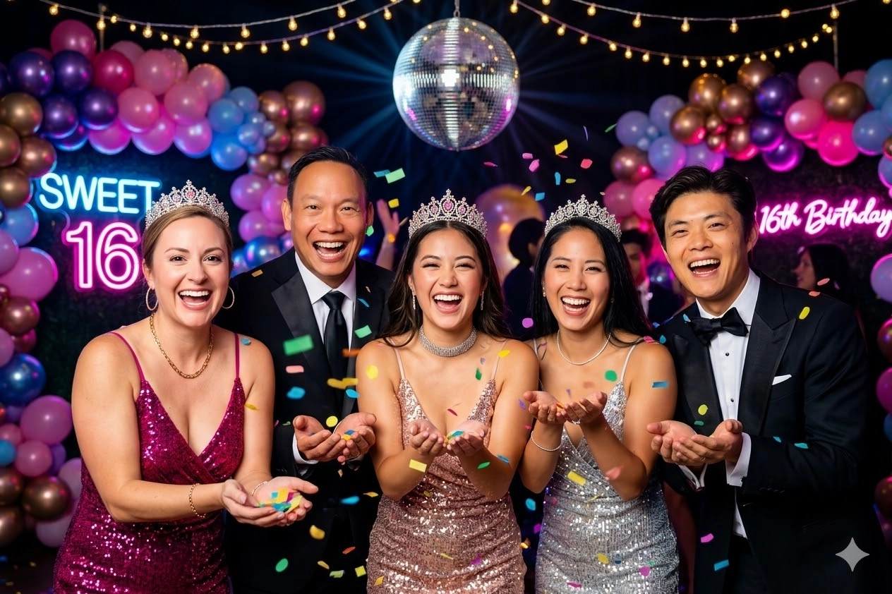 AI Photo Booth Rental Beverly Hills: A Luxury Event Guide - Lucky Frog Photo Marketing Sweet 16 party w Clusters of balloons in various sizes.jpg