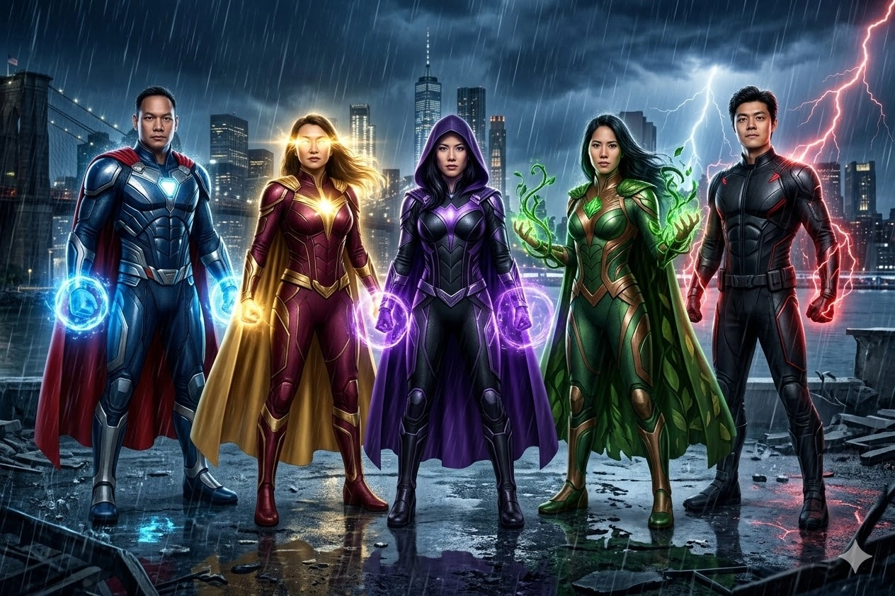 AI Photo Booth Rental Beverly Hills: A Luxury Event Guide - Lucky Frog Photo Marketing superheros group shot on debris-strewn rooftop at night.jpg