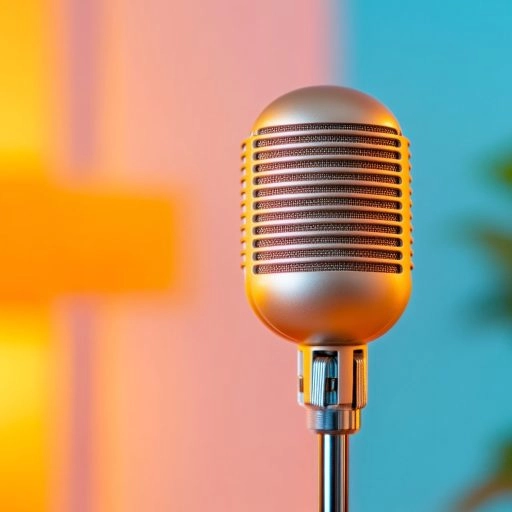 Video Confessional Booth - Lucky Frog Photo Booth | Corporate Event Rentals Retro-Chic Audio Setup Vintage Metal Microphone with Acoustic Panels in Stylish Studio - Content Creation for Modern Sound Capturing and Professional Audio Enhancement