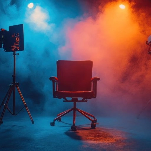 Video Confessional Booth - Lucky Frog Photo Booth | Corporate Event Rentals Studio chair, filming setup, vibrant lighting, smoke background