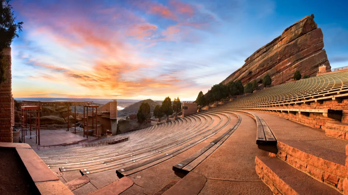 Red Rocks Park amphitheatre with dramatic red sandstone formations