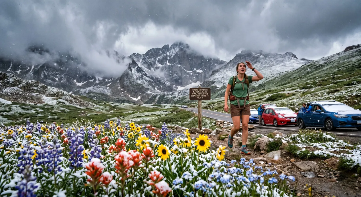 summer skiing Colorado mountains with blue skies and snowpack