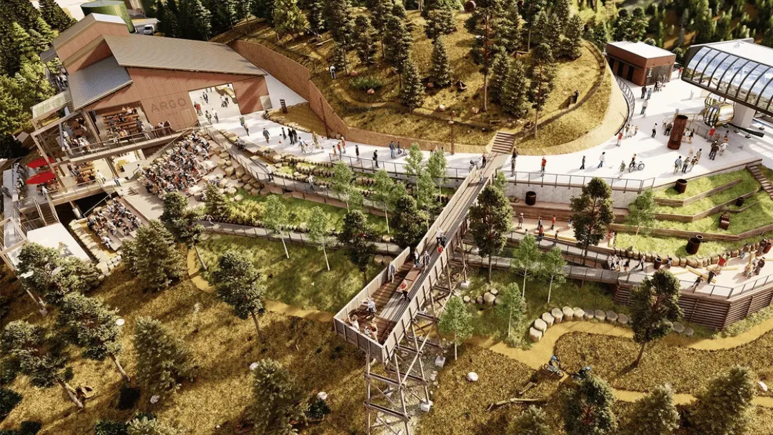 Idaho Springs Mighty Argo Cable Car gondola ascending mountain with panoramic Rocky Mountain views