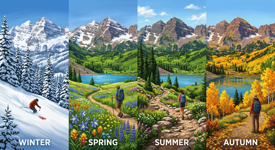 Colorado scenery across winter, spring, summer, and autumn."