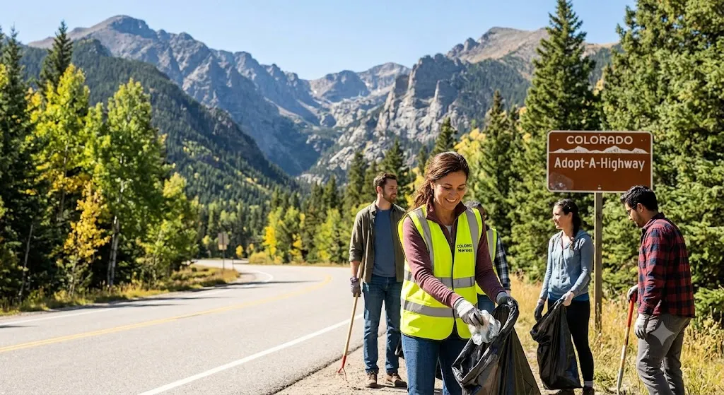 Colorado outdoor stewardship volunteers picking up litter near the mountains.
