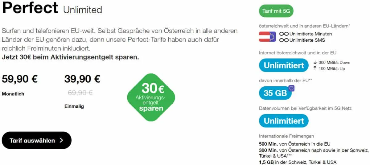 Drei Perfect Unlimited 5G Tarif